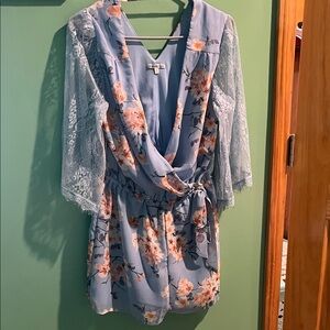Charlotte Russe Light Blue Floral Lace-Sleeve Wrap Bodysuit